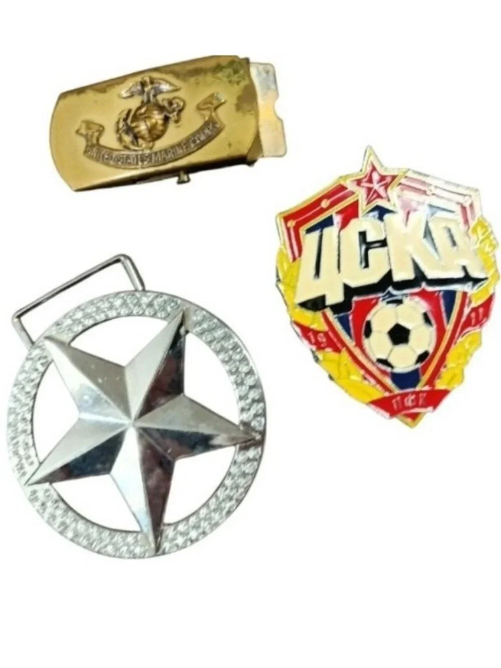 Vintage 3-piece collectible belt buckle lot featuring military, Soviet/Russian